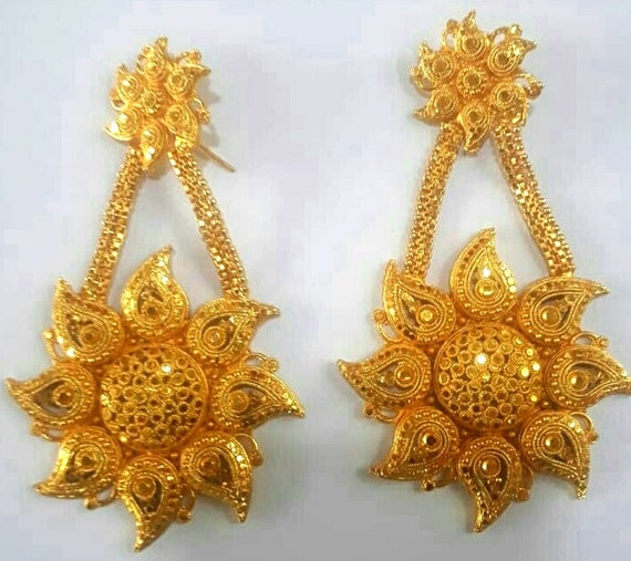 long golden earrings with brushed platelets 14K gold filled 22K gold plated handmade disc pendant earrings