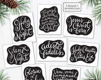 Catholic Christmas Greeting Cards Black & White Set of 8 Designs Instant Download - DIY Downloadable PDF 4.25”x5.5"