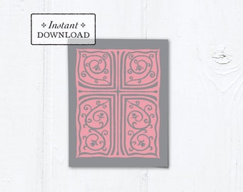 Catholic Pink & Gray Cross Vines Multi-purpose Printable Greeting Card Printable Catholic Graduation Baptism Communion Confirmation Card