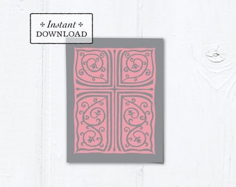 Catholic Pink & Gray Cross Vines Multi-purpose Card Baptism Communion Confirmation Instant Download - DIY Downloadable PDF A2 4.25”x5.5"