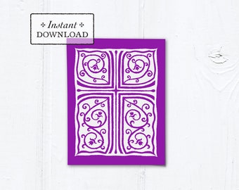 Catholic Purple Cross Vines Multi-purpose Greeting Card Baptism Communion Confirmation Instant Download - DIY Downloadable PDF A2 4.25”x5.5"