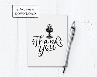 Catholic First Communion Thank You Note Black & White Hand-lettered Instant Download - DIY Downloadable PDF A2 4.25”x5.5"