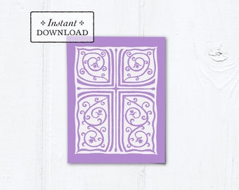 Catholic Lilac Cross Vines Multi-purpose Greeting Card Baptism Communion Confirmation Instant Download - DIY Downloadable PDF A2 4.25”x5.5"