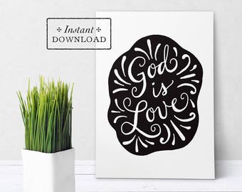 God Is Love Black & White Greeting Card - Instant Download - DIY Downloadable PDF 5"x7"