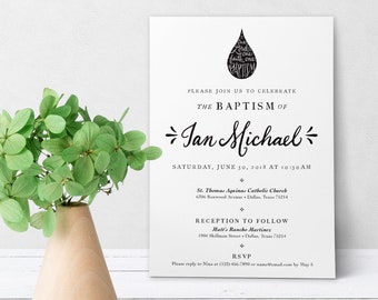 Catholic Baptism Invitation Customizable Hand-lettered Black & White - Boy or Girl - Downloadable Template PDF 5"x7"