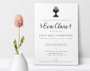 Catholic First Communion Invitation Customizable Hand-lettered Black & White - Boy or Girl - Downloadable Template PDF 5"x7"