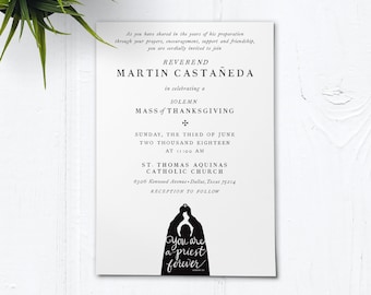 Catholic Priest First Mass of Thanksgiving Invitation - Customizable Black & White - DIY Downloadable Template PDF 5"x7"