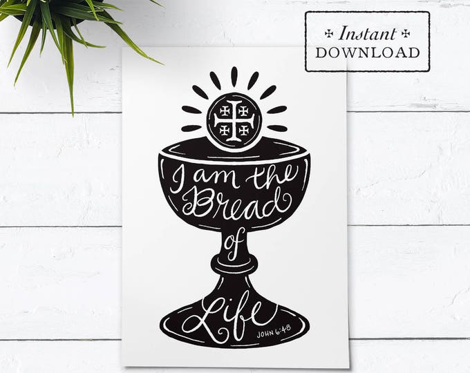 Catholic First Communion Greeting Card Black & White - I Am the Bread of Life - Instant Download - DIY Downloadable PDF 5"x7"