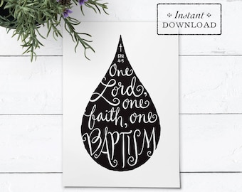 Catholic Baptism Greeting Card Black & White - One Lord, One Faith, One Baptism - Instant Download - DIY Downloadable PDF 5"x7"