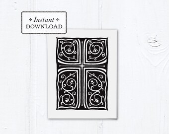 Catholic Black Cross Vines Multi-purpose Greeting Card Baptism Communion Confirmation Instant Download - DIY Downloadable PDF A2 4.25”x5.5"