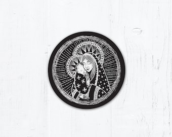 Madonna and Child Digital Woodcut - Catholic Vinyl Sticker 2" x 2" Peel & Stick - Weatherproof