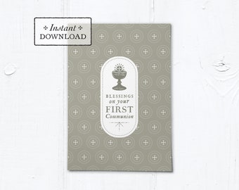 Catholic First Communion Blessings Card Taupe Tan - Instant Download - DIY Downloadable PDF 5"x7"