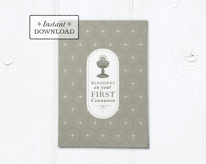 Catholic First Communion Blessings Card Taupe Tan - Instant Download - DIY Downloadable PDF 5"x7"