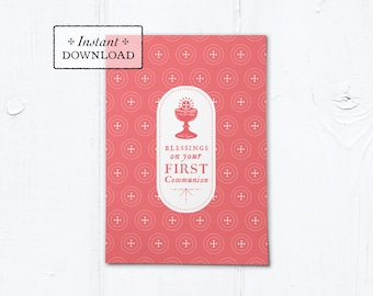 Catholic First Communion Blessings Card Rose Pink - Instant Download - DIY Downloadable PDF 5"x7"