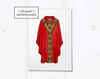 Greeting Card for Catholic Priest - Illustrated Chasuble Red - Instant Download - DIY Downloadable PDF 5"x7"