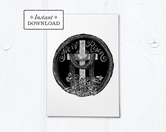 Catholic Easter He is Risen Digital Woodcut Greeting Card Instant Download - Black - DIY Downloadable PDF 5”x7"
