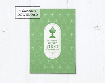 Catholic First Communion Blessings Card Green - Instant Download - DIY Downloadable PDF 5"x7"