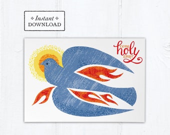 Catholic Confirmation Greeting Card Blue Dove, Come Holy Spirit, Instant Download, Downloadable PDF 5"x7" Printable Catholic Sacrament Card