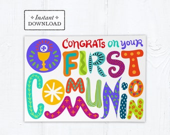 Catholic First Communion Colorful Hand-lettered Card - Instant Download - DIY Downloadable PDF 5"x7"