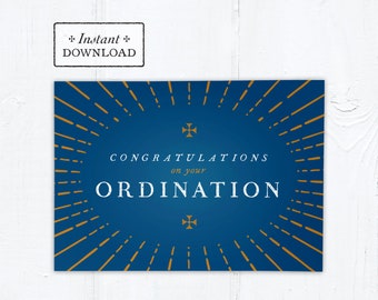 Catholic Ordination Card Congratulatory Blue & Gold - Instant Download - DIY Downloadable PDF 5"x7"