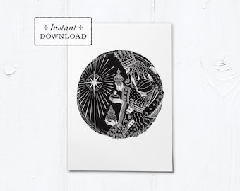 Three Kings Woodcut Black & White Greeting Card - Instant Download - DIY Downloadable PDF 5"x7"