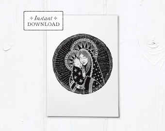 Madonna and Child Woodcut Black & White Greeting Card - Instant Download - DIY Downloadable PDF 5"x7"