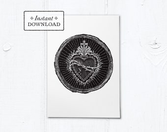 Sacred Heart Woodcut Black & White Greeting Card - Instant Download - DIY Downloadable PDF 5"x7"