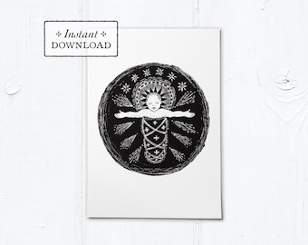 Infant Jesus Woodcut Black & White Greeting Card - Instant Download - DIY Downloadable PDF 5"x7"