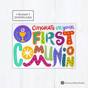 Catholic First Communion Colorful Hand-lettered Card - Instant Download - DIY Downloadable PDF 5&quot;x7&quot;