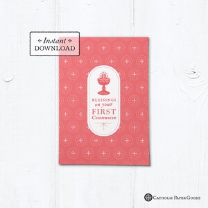 Catholic First Communion Blessings Card Rose Pink - Instant Download - DIY Downloadable PDF 5&quot;x7&quot;