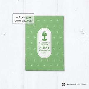 Catholic First Communion Blessings Card Green - Instant Download - DIY Downloadable PDF 5&quot;x7&quot;