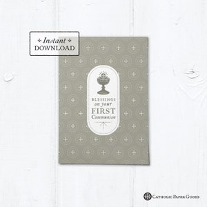 Catholic First Communion Blessings Card Taupe Tan - Instant Download - DIY Downloadable PDF 5&quot;x7&quot;