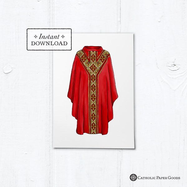 Greeting Card for Catholic Priest - Illustrated Chasuble Red - Instant Download - DIY Downloadable PDF 5"x7"