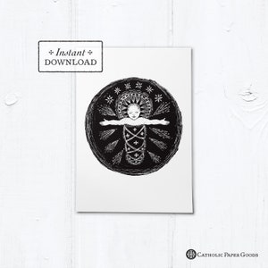 Infant Jesus Woodcut Black & White Greeting Card - Instant Download - DIY Downloadable PDF 5&quot;x7&quot;