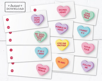 Catholic Conversation Hearts Valentine Exchange Cards - Printable - DIY Downloadable PDF - 8.5x11 - 24 Total Card Designs