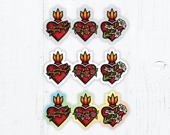 Sacred Heart, Immaculate Heart and Chaste Heart of St. Joseph Die Cut Vinyl Stickers 3 Inch Peel & Stick, White, Clear, Holographic Stickers
