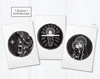 Catholic Christmas Digital Woodcut Greeting Cards Set of 3 Designs Instant Download - DIY Downloadable PDF 5”x7"