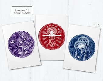 Catholic Christmas Digital Woodcut Greeting Cards Set of 3 Designs COLOR Instant Download - DIY Downloadable PDF 5”x7"