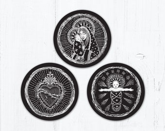 Madonna and Child, Sacred Heart, Infant Jesus Woodcut Black White Die Cut Vinyl Stickers 3 Inch Peel & Stick