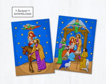 Catholic Christmas Card Set: The Flight to Egypt & The Nativity of Jesus Instant Download - DIY Downloadable PDF 5" x 7” A7