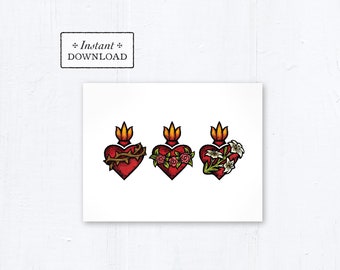 Catholic Greeting Card Sacred Heart Immaculate Heart Chaste Heart Row - Printable - DIY Downloadable PDF - A2 4.25”x5.5"