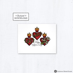 Katholieke Valentijn wenskaart Heilig Hart Onbevlekt Hart Kuis Hart, Afdrukbaar, Instant Downloadbare PDF, A2 4.25x5.5