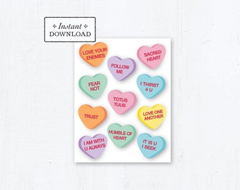 Catholic Valentine Greeting Card Conversation Hearts Valentine Card, Printable Downloadable A2 4.25x5.5, Valentine Conversation Hearts