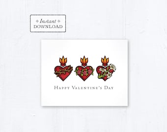 Catholic Valentine Greeting Card Sacred Heart Immaculate Heart Chaste Heart, Printable, Instant Downloadable PDF, A2 4.25x5.5 Valentines Day