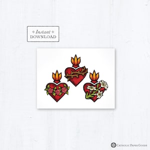 Carte de voeux catholique Sacred Heart Immaculate Heart Chaste Heart - Imprimable - DIY PDF téléchargeable - A2 4.25"x5.5"