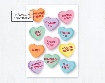 Catholic Valentine Greeting Card Conversation Hearts Valentine Card, Printable Downloadable PDF A7 5x7