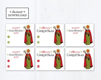 St. Nicholas Printable Gift Tag Cards, Instant Downloadable PDF 2.75" x 3.5" St. Nicholas Day Merry Christmas Gift Tags DIY