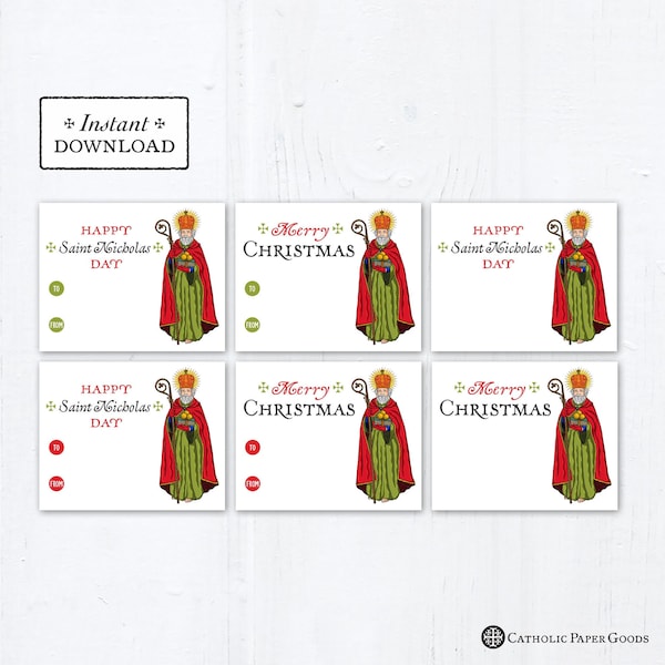 St. Nicholas Printable Gift Tag Cards, Instant Downloadable PDF 2.75" x 3.5" St. Nicholas Day Merry Christmas Gift Tags DIY