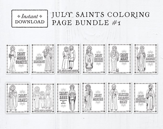 Featured listing image: Catholic Coloring Pages - July Saints Set #1 - Bundle of 11 - Catholic Saints - Printable Coloring Pages - Digital - PDF