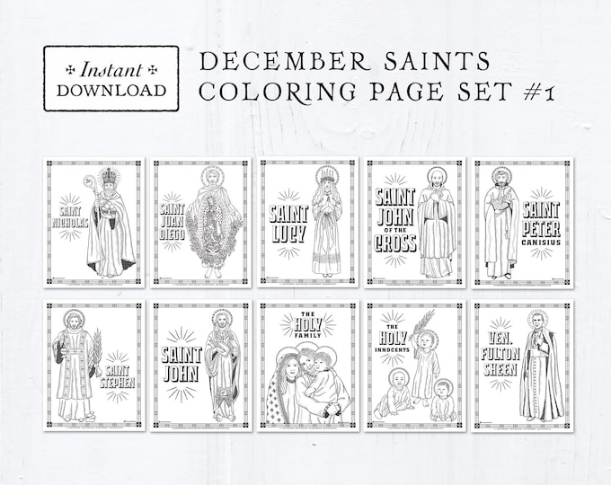Catholic Coloring Pages - December Saints Set #1 - Bundle of 10 - Catholic Saints - Printable Coloring Pages - Digital - PDF Download